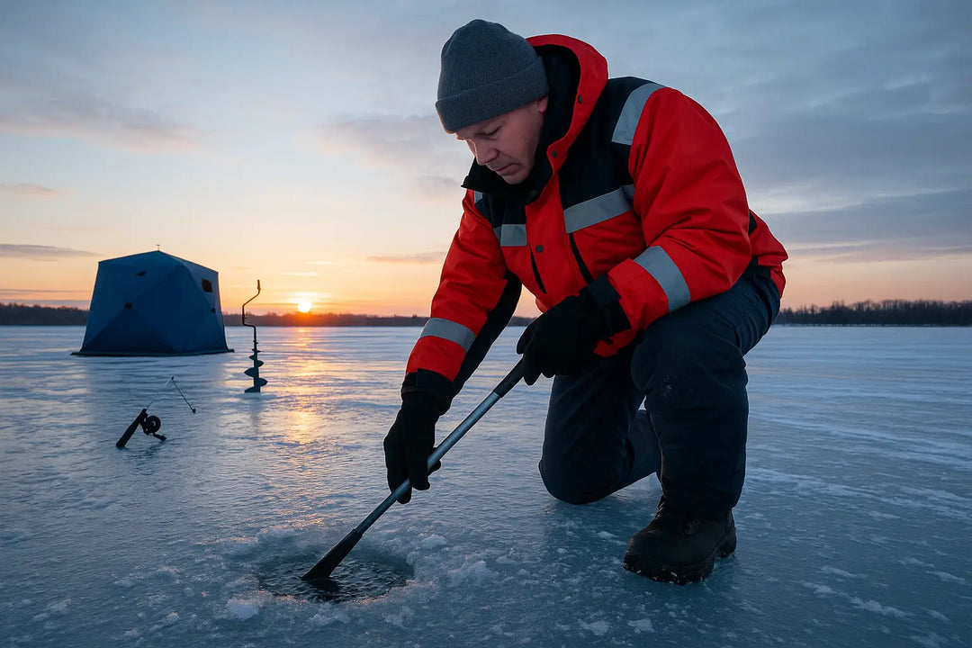 Man in insulated jacket drilling ice hole for safe, serene fishing