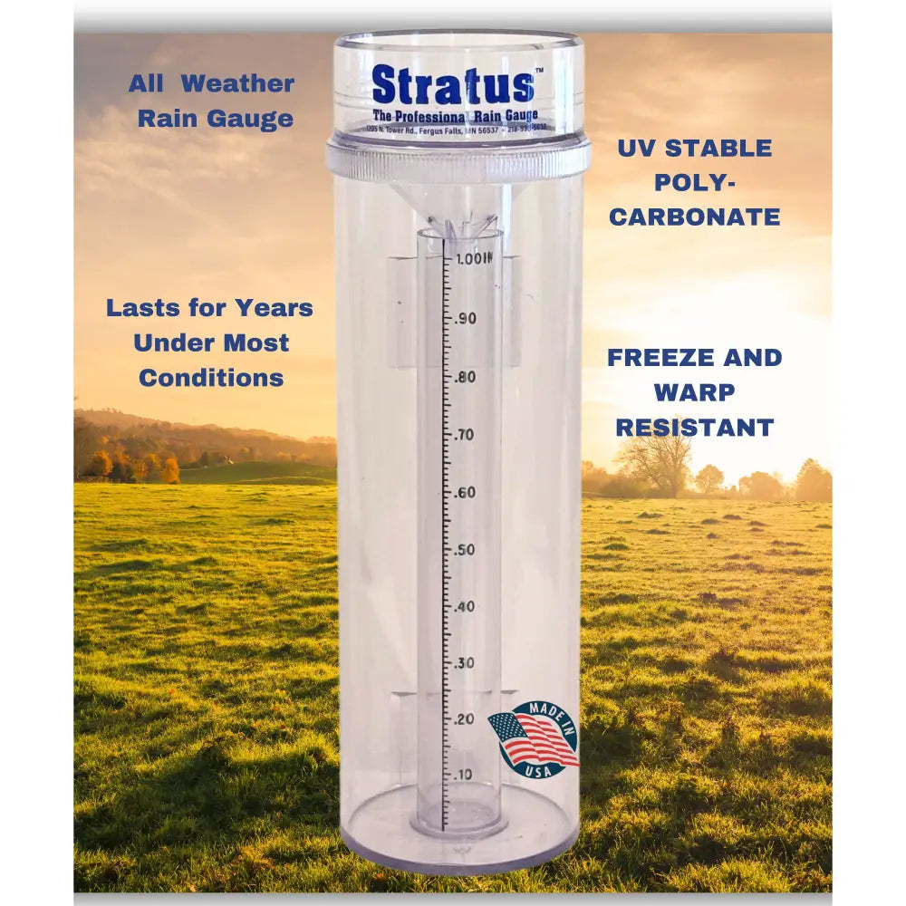 Stratus precision rain gauge measuring local rainfall to 0.01 inch accuracy alongside the Missouri DNR Flood and Drought app for smarter water management decisions