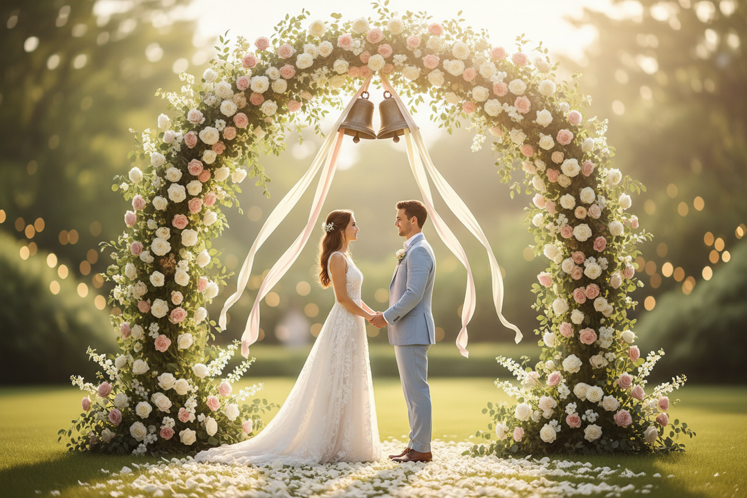 Summer wedding bells and floral arrangement representing wedding season 2026 — FLI Products practical wedding gift guide featuring Flex Strainer®, Tomato Crater®, Stake It™, Blade Guard®, and Stratus® Rain Gauge for new couples