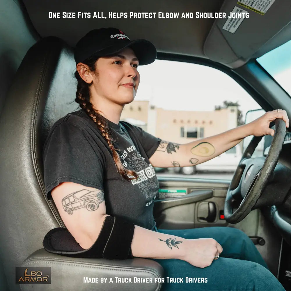 Black LBO Armor elbow and shoulder joint support brace for truck drivers.