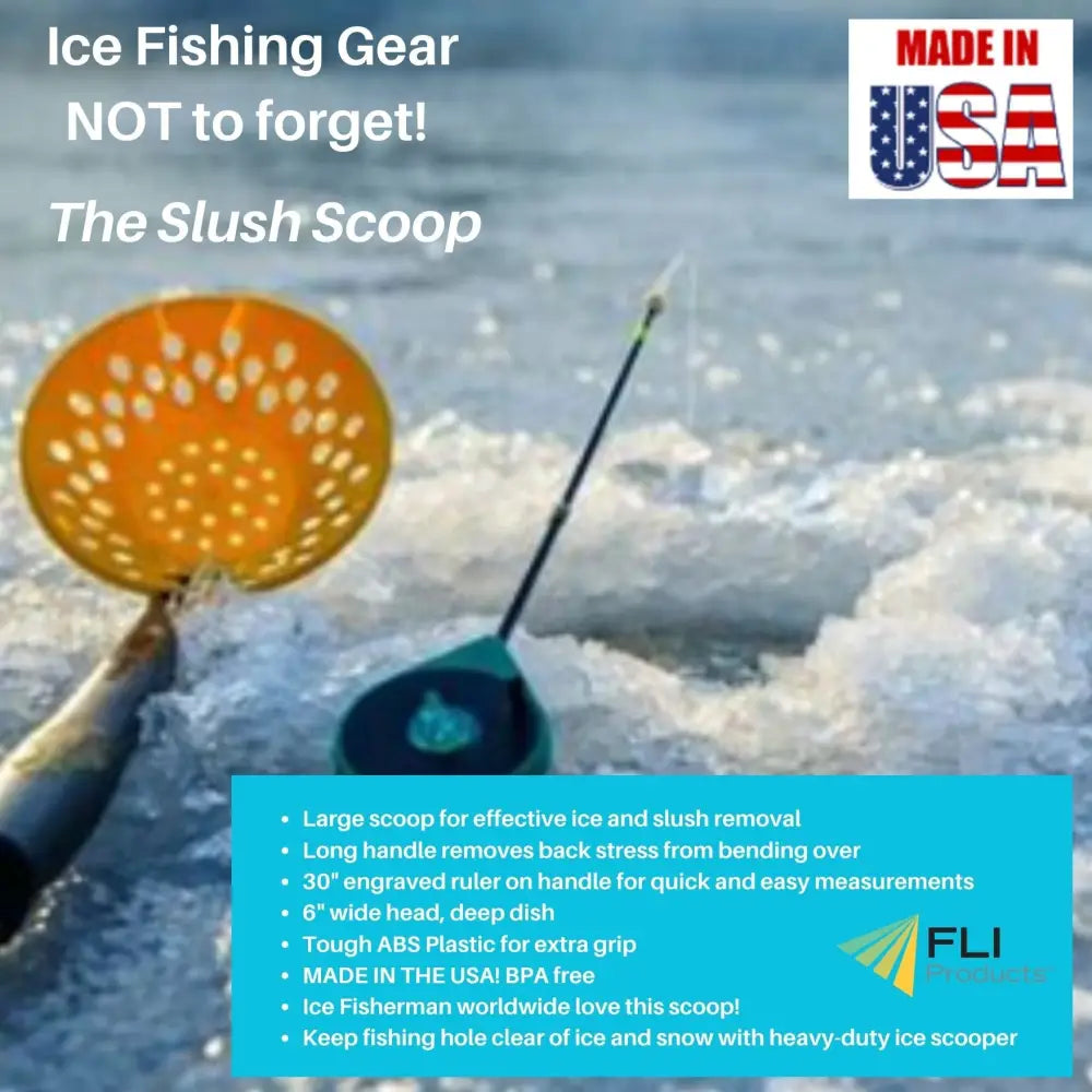 HoleMate ice fishing scoop and slush skimmer with 36-inch handle and built-in ruler for clearing ice holes faster during winter fishing, Made in USA
