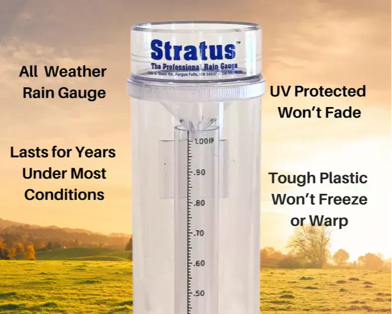 Clear plastic Stratus rain gauge with blue logo and markings