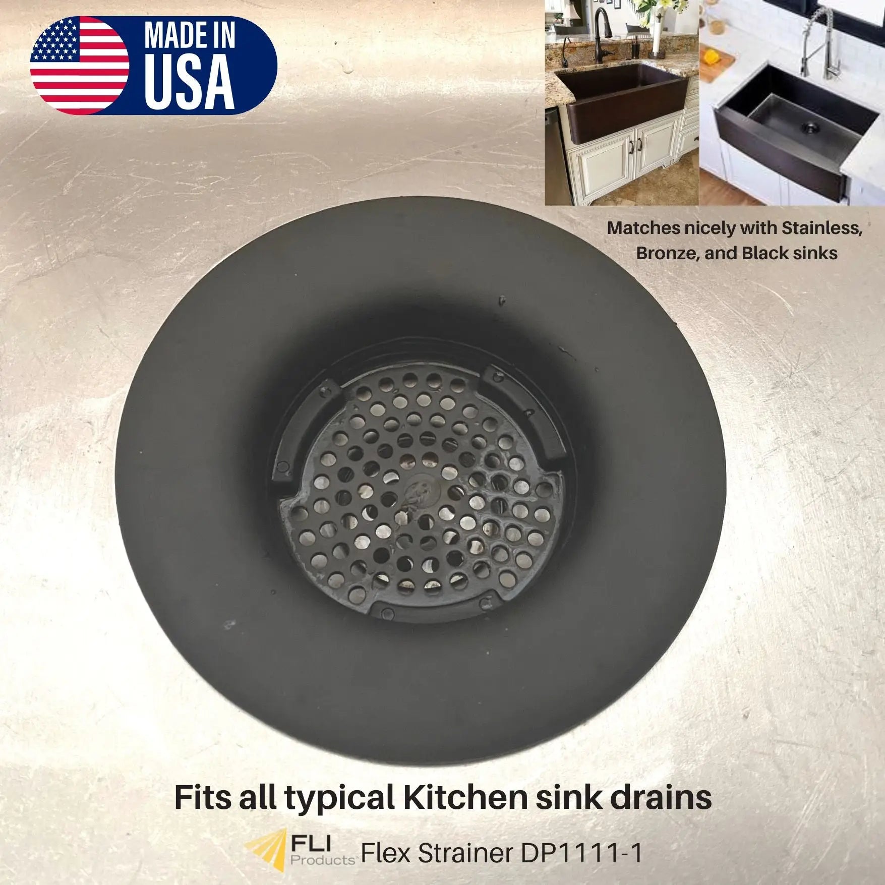 Black Flex Strainer DP1111-1 kitchen sink drain cover with perforated grid