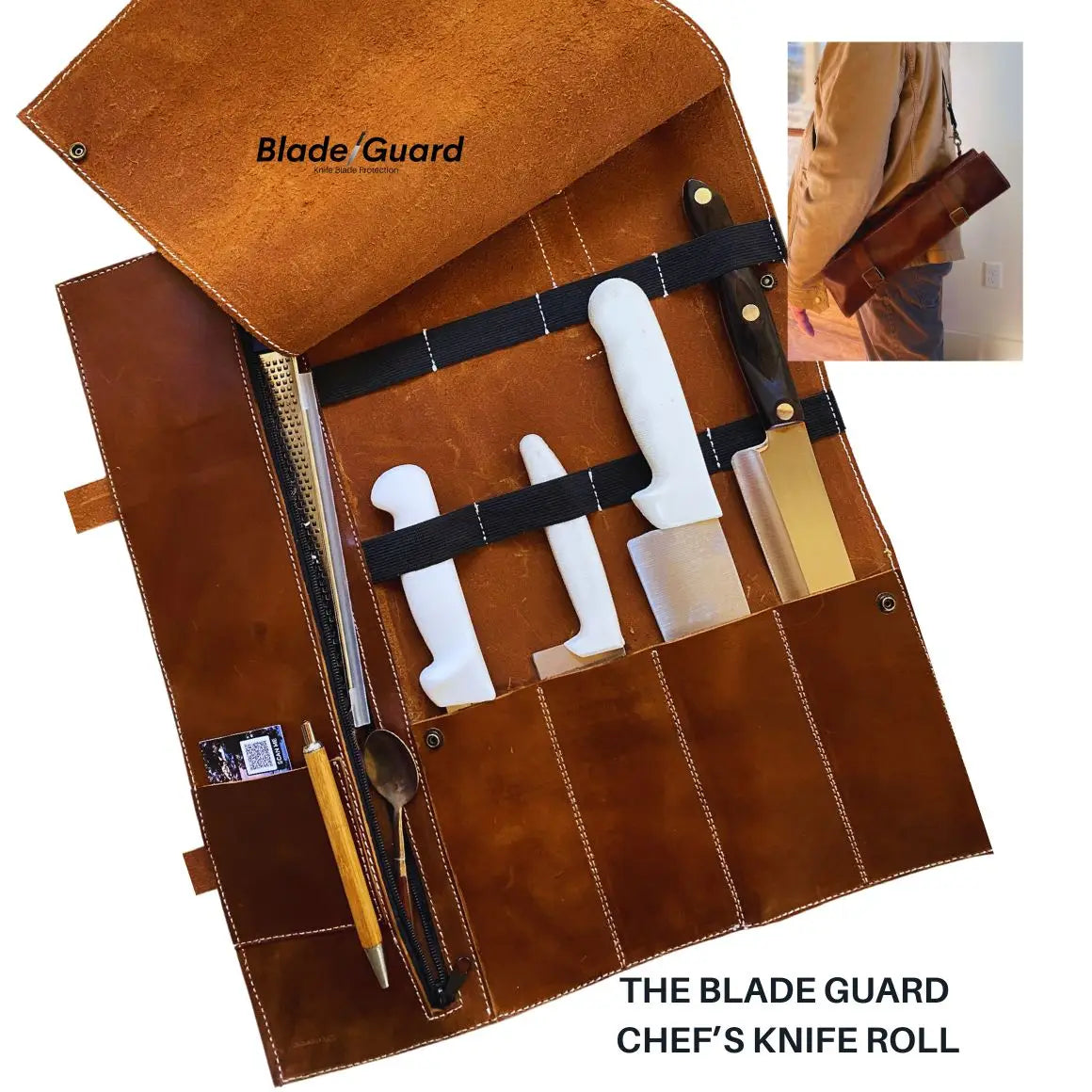 Brown leather chef’s knife roll with black straps holding knives and utensils