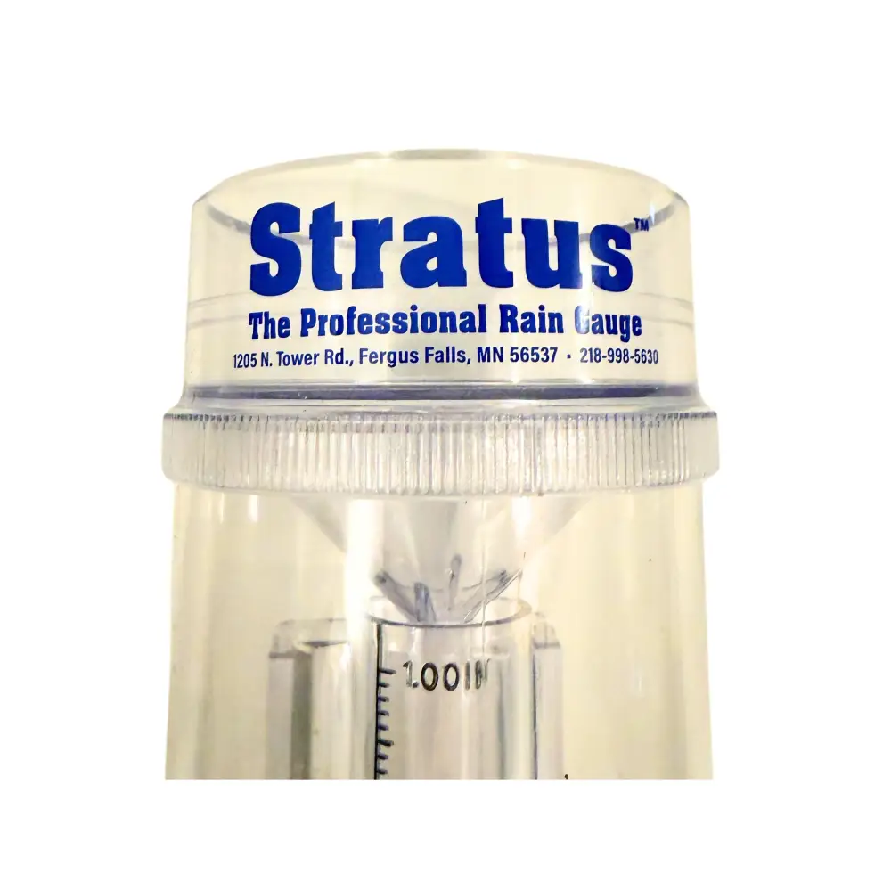 Clear Stratus professional rain gauge with blue branding and markings