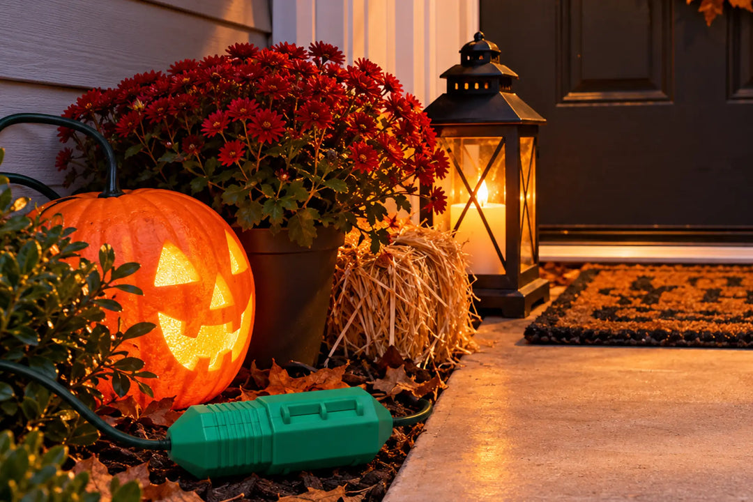 Green cord-connection enclosure among fallen leaves beside a glowing jack-o’-lantern, potted flowers and a porch lantern.