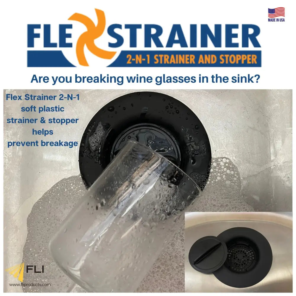 Black 2-in-1 soft plastic flex strainer and stopper prevents wine glass breakage in sink