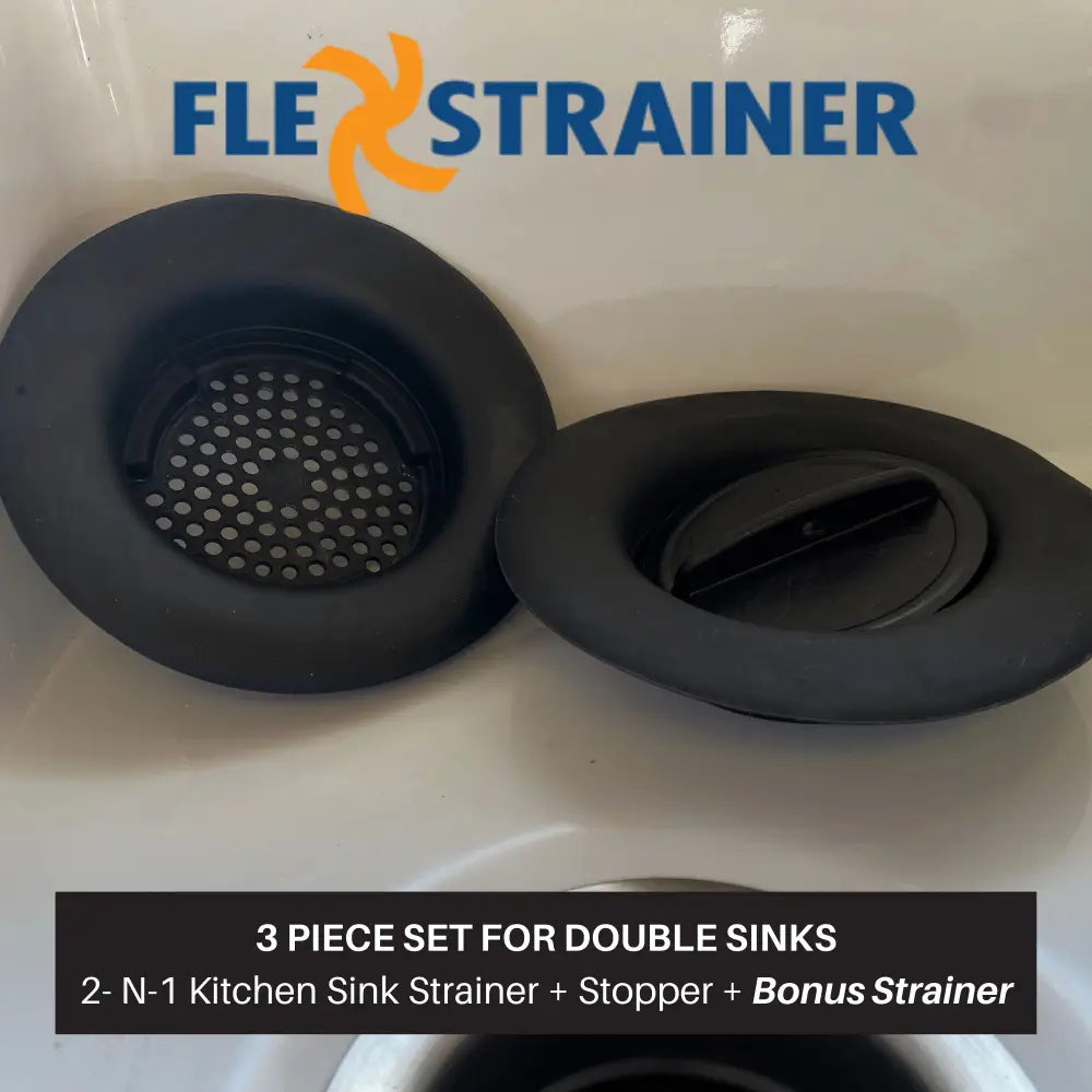 Black silicone sink strainer with perforated design and stopper for double sinks