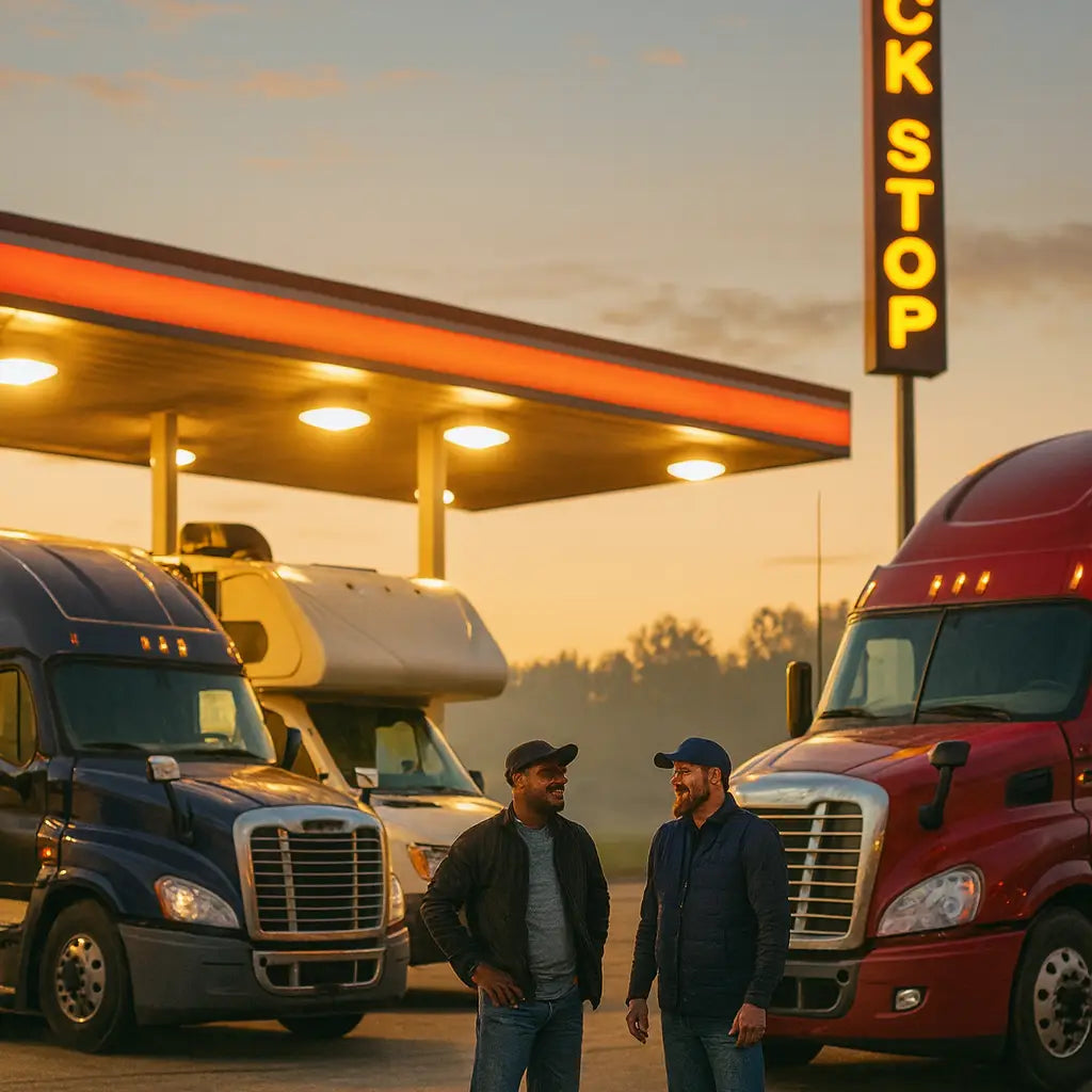 Truck cab with driver elbow rest and organized travel accessories