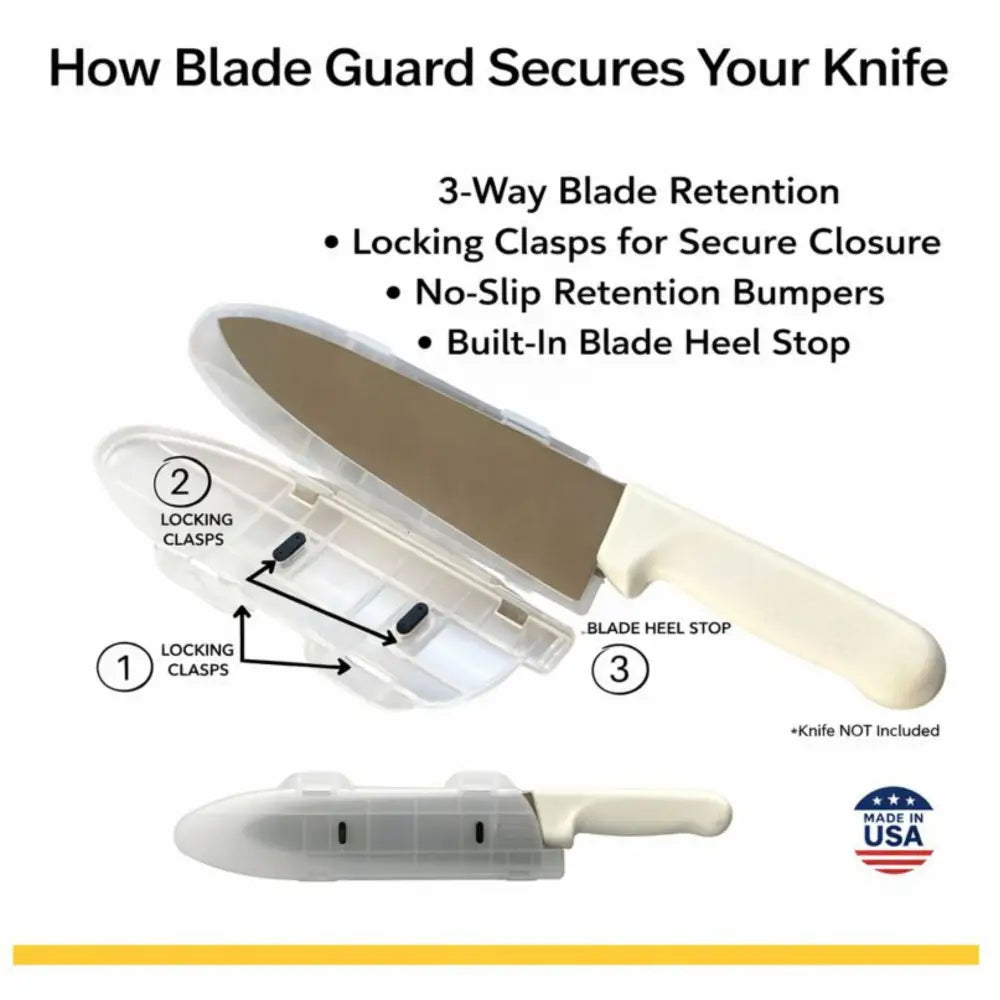 Blade Guard knife blade protectors displayed in a clean product scene | Blade Guard product detail close-up showing build quality | Lifestyle photo featuring Blade Guard knife blade protectors in use