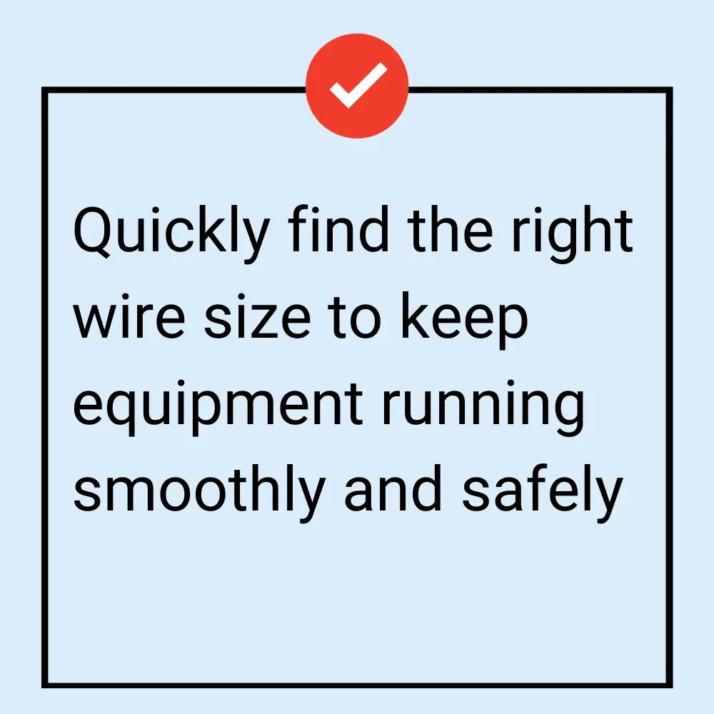 Red circular checkmark icon above black text in a bordered box for 12 volt wiring size chart display