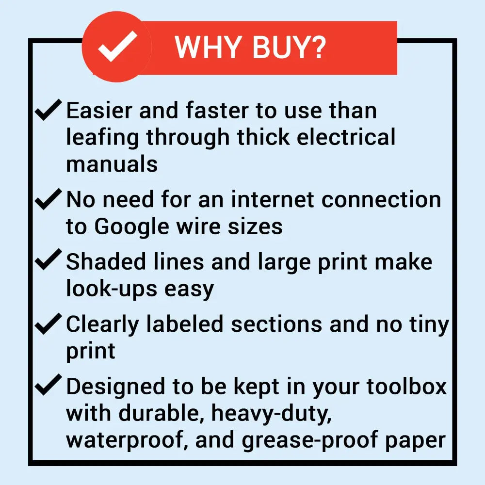 Red and white 12 volt wiring size chart banner with checkmarks highlighting ease of use and waterproof durable paper