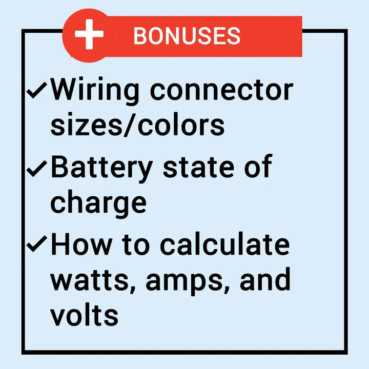 Red banner with white bonuses text and plus sign framed by black lines in 12 volt wiring size chart display