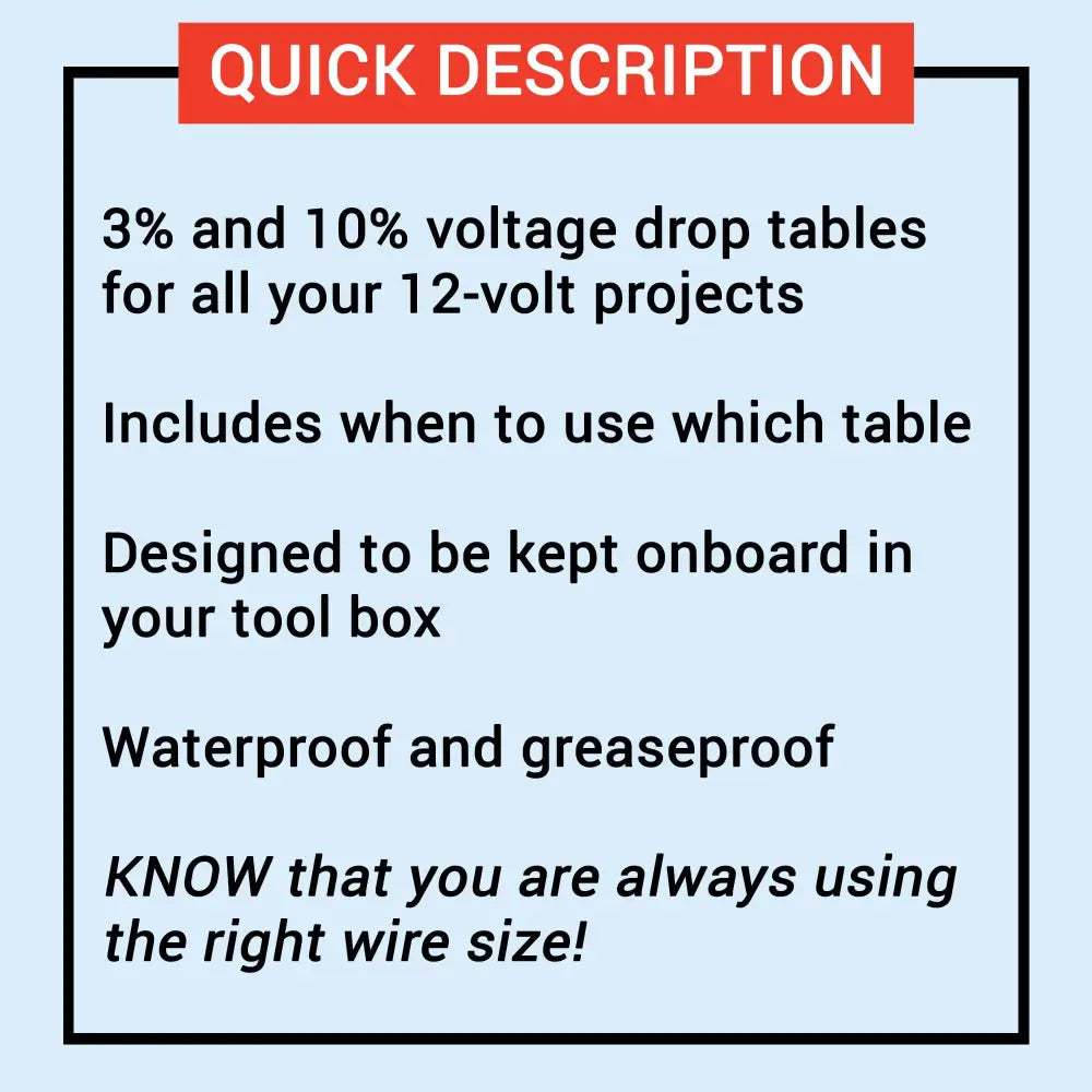 Quick description label for 3 and 10 percent voltage drop tables in waterproof greaseproof material for volt wiring size chart