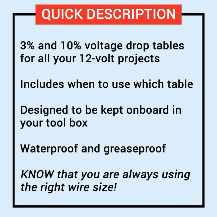 Quick description label for 3 and 10 percent voltage drop tables in waterproof greaseproof material for volt wiring size chart