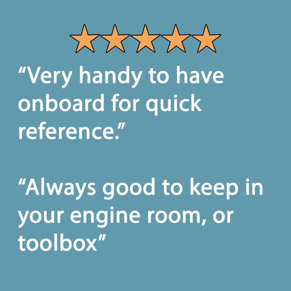Five orange stars above a quote praising the handy 12 volt wiring size chart for quick reference in engine rooms or toolboxes