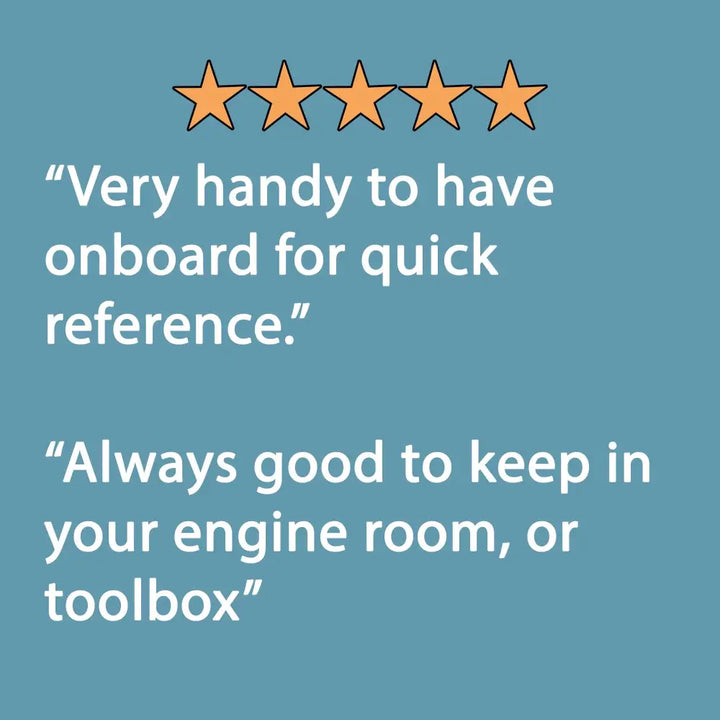 Five orange stars above a quote praising the handy 12 volt wiring size chart for quick reference in engine rooms or toolboxes