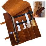 Image of Blade Guard Genuine Leather Chef’s Knife Roll: 4 Slot Knife Bag with Extra Storage for Professional Chefs | Secure, Durable, and Stylish | Travel-Friendly Case, highlighting its features and quality.
