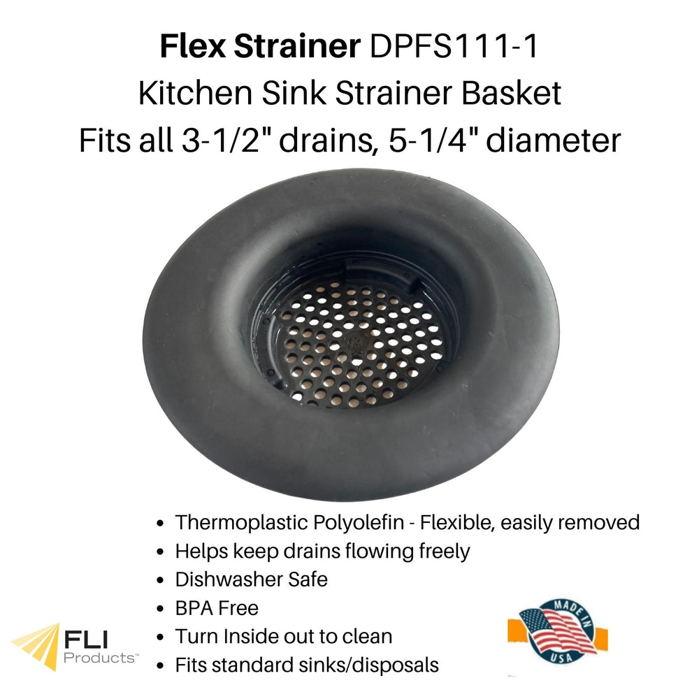 Image of Premium Product: Fli Products Flex Strainer Only Dpfs1111 1 Kitchen Sink Strainer Fits All 3 1 2 Drains And Disposals 5 1 4 Diameter Usa Made Thermoplastic Material Black 1Pk, highlighting its features and quality.