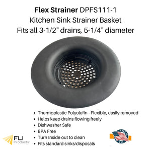 Image of Premium Product: Fli Products Flex Strainer Only Dpfs1111 1 Kitchen Sink Strainer Fits All 3 1 2 Drains And Disposals 5 1 4 Diameter Usa Made Thermoplastic Material Black 1Pk, highlighting its features and quality.