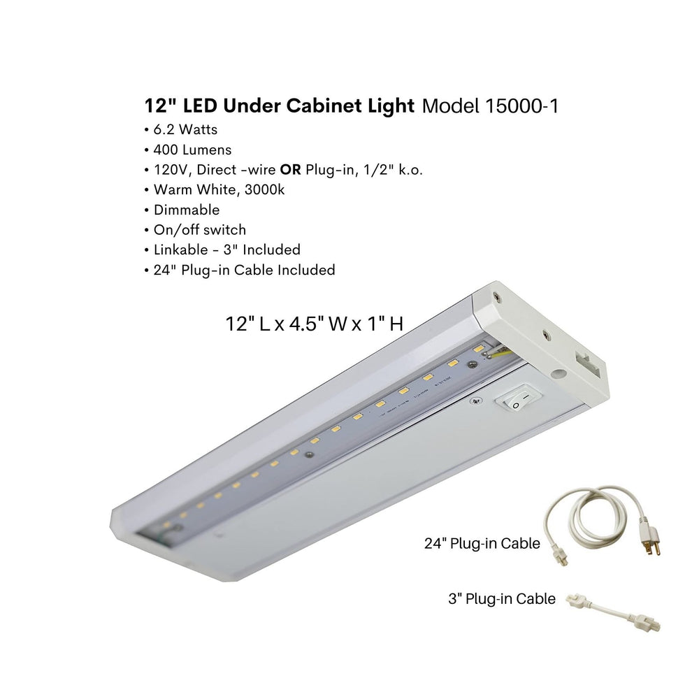 LED Under Cabinet Task Light, Direct Wire or Plug-in + connector, Switch ,Dimmable, Linkable, 400 Lumens, 3000K Warm White, 6.2 Watts, CUL and E-Star listed