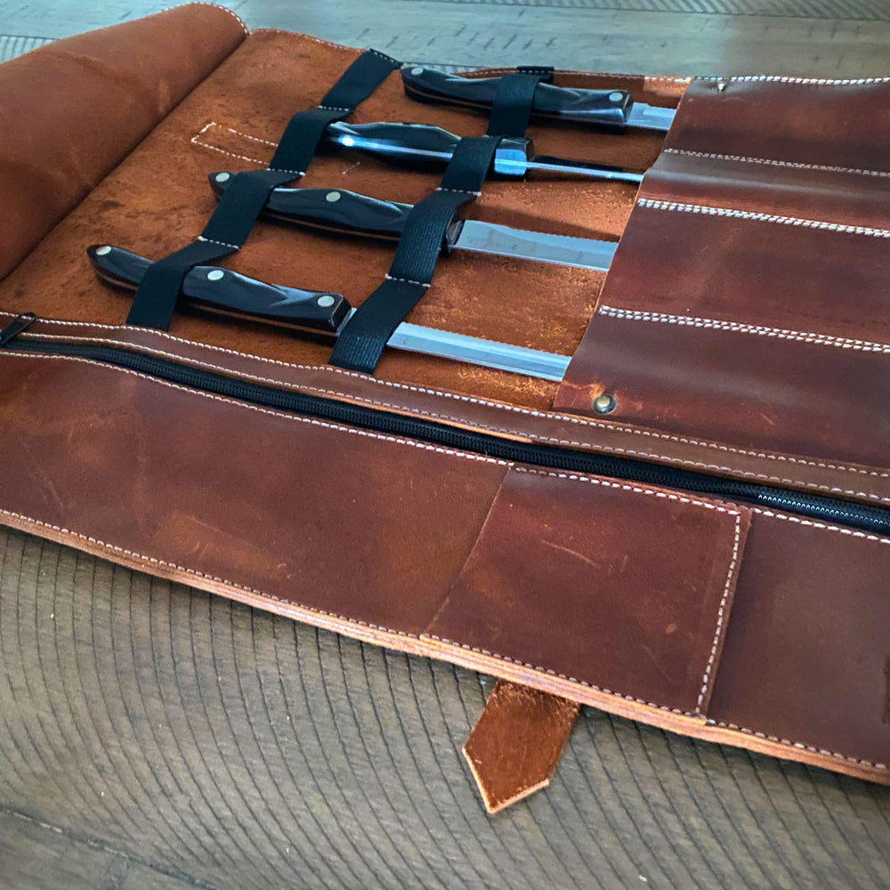 Image of Premium Product: Blade Guard Genuine Leather Chef S Knife Roll 4 Slot Knife Bag With Extra Storage For Professional Chefs Secure Durable And Stylish Travel Friendly Case, highlighting its features and quality.