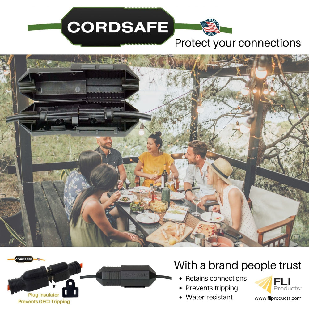 CordSafe PLUS Extension Cord Plug Protective Safety Cover, Water-Resistant Indoor Outdoor, Keep Cords Connected, For Patio Bistro String Lights Holiday Lights Christmas Lights Power Tools Fans