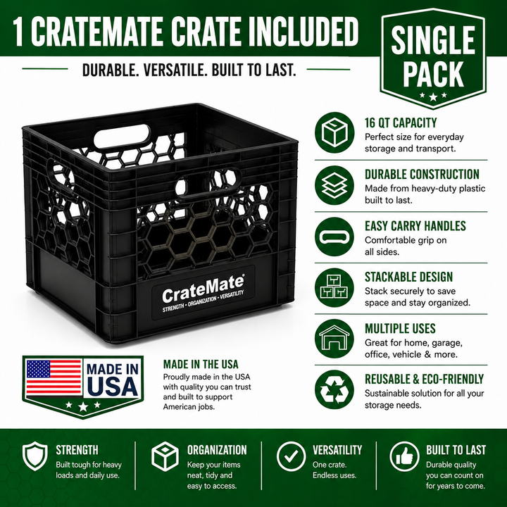 CrateMate Heavy-Duty 16QT Black Milk Crate Made in USA