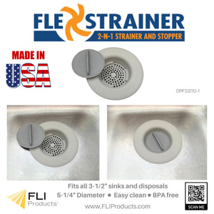 Flex Strainer Kitchen Sink Strainer Basket Replacement and Drain Stopper Plug, 2N1, fits 3-1/2” drains, 5-1/4” Diameter, USA Made Black