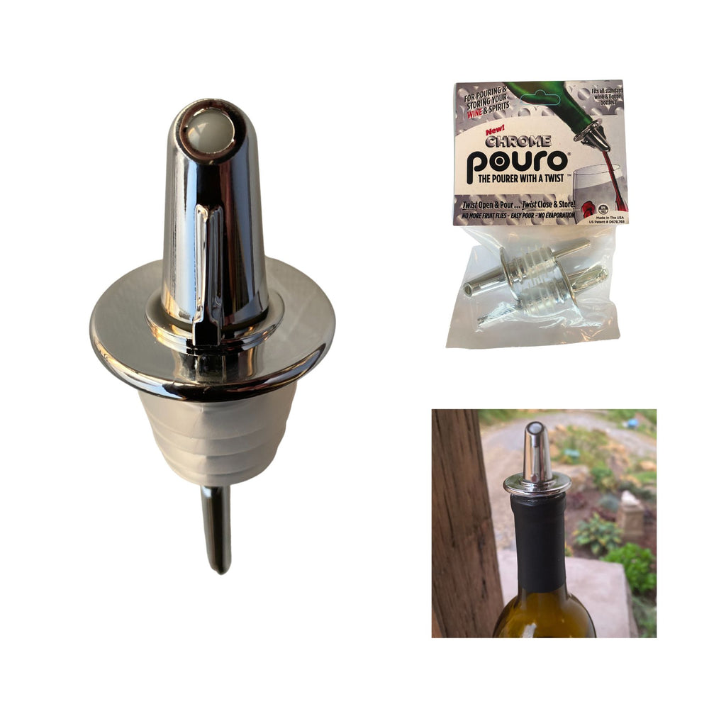 Pouro Oil & Vinegar, Spirits, Liquor, Wine Bottle Pourer Spout,Twist to Open and Pour, Twist to Close and Store (Chrome)