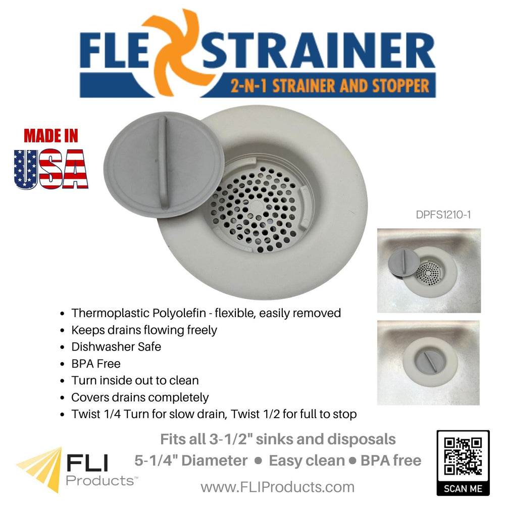 Flex Strainer Kitchen Sink Strainer Basket Replacement and Drain Stopper Plug, 2N1, fits 3-1/2” drains, 5-1/4” Diameter, USA Made Black
