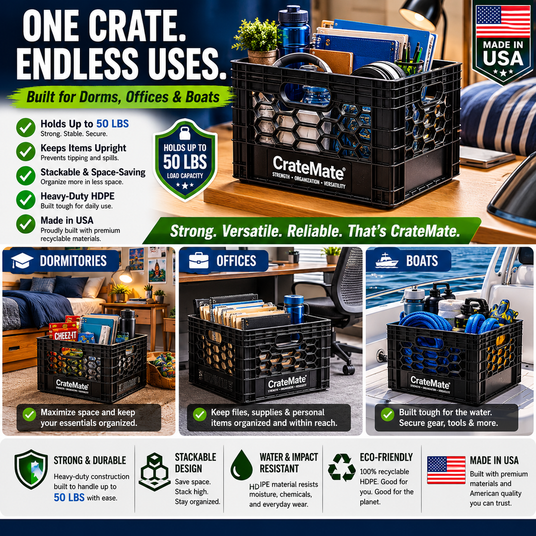 CrateMate Heavy-Duty 16QT Black Milk Crate Made in USA