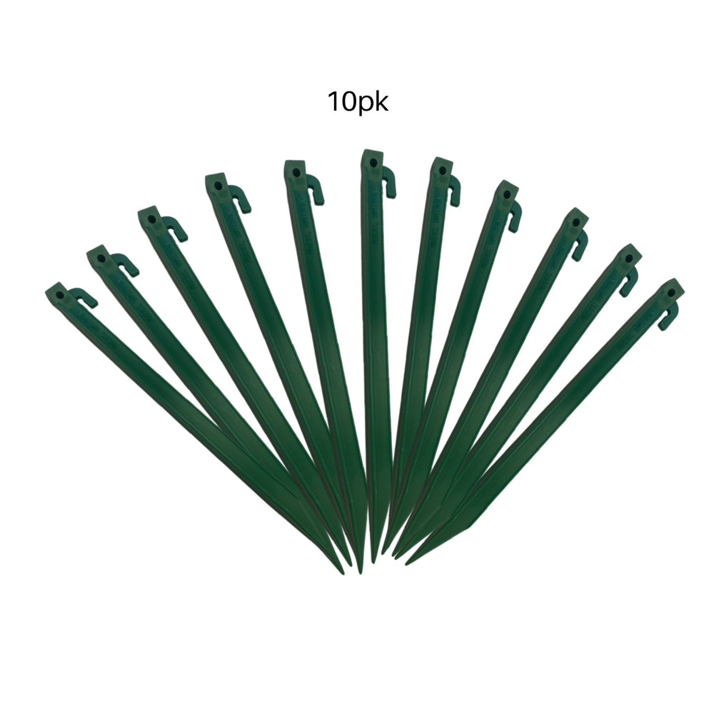 Image of Heavy-Duty Plastic Garden Yard Stakes for Tents, Holiday Inflatables, Tarps, Trees, & Garden Edging with Milled Point, Guy Wire Hole, and Rope Hook 11.5” Green 10pk, highlighting its features and quality.