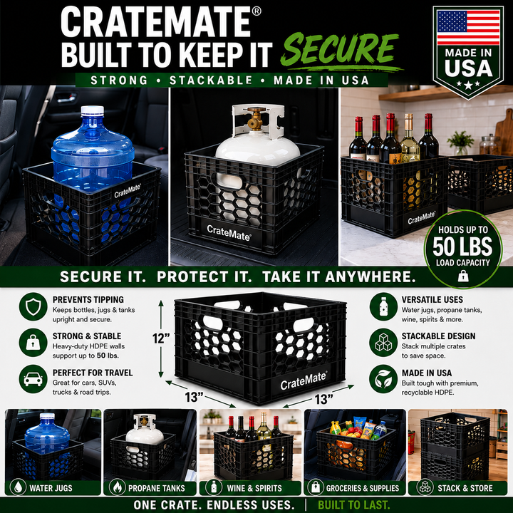 CrateMate Heavy-Duty 16QT Black Milk Crate Made in USA