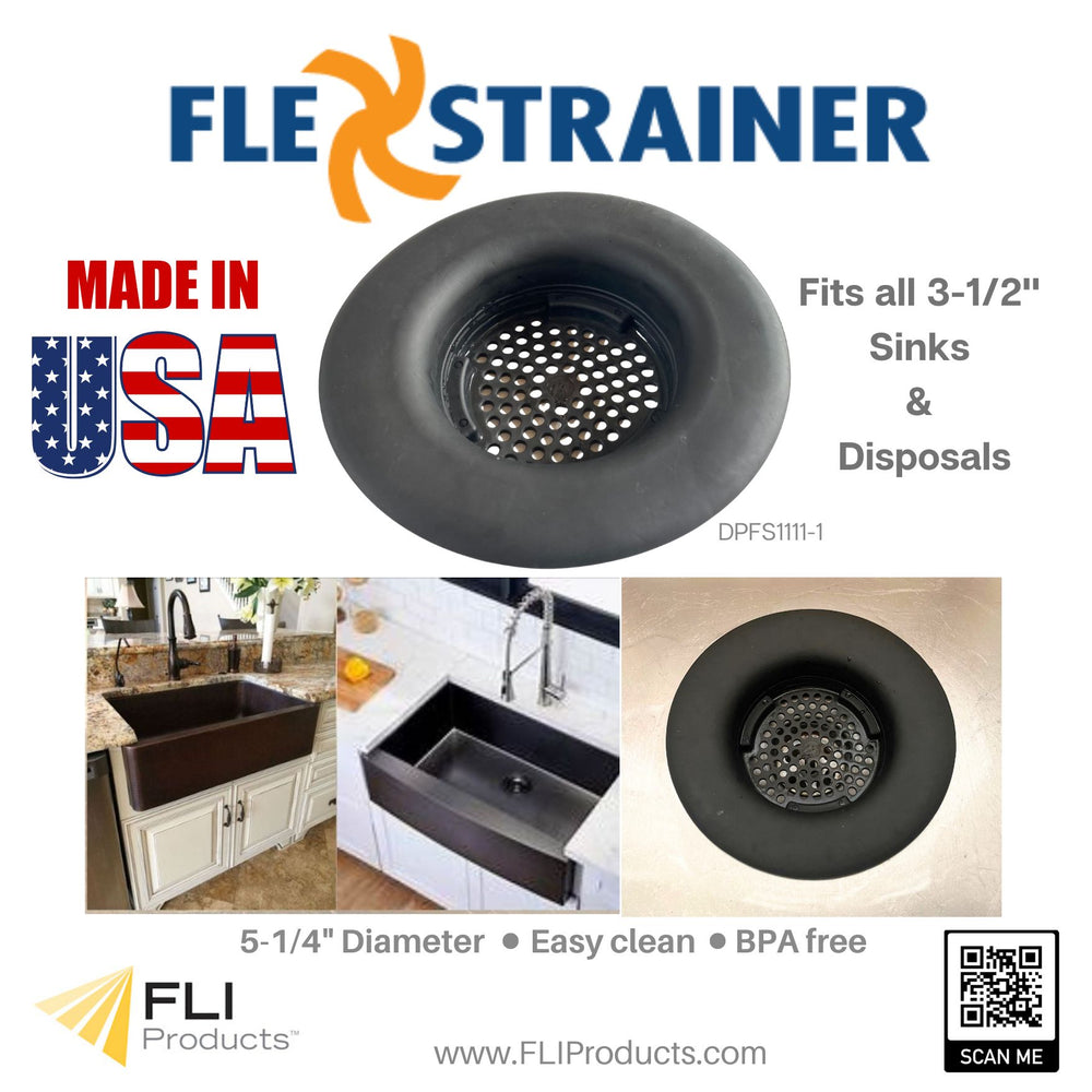 
            
                Load image into Gallery viewer, FLI Products Flex Strainer Only DPFS1111 Kitchen Sink Strainer, Fits All 3-1/2” Drains and Disposals, 5-1/4” Diameter, USA MADE Thermoplastic Material Black
            
        