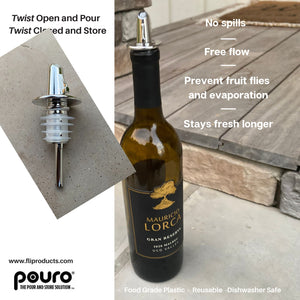 Pouro Oil & Vinegar, Spirits, Liquor, Wine Bottle Pourer Spout,Twist to Open and Pour, Twist to Close and Store (Chrome)