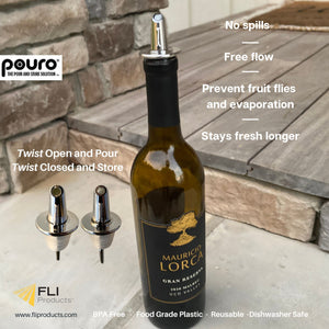 Pouro Oil & Vinegar, Spirits, Liquor, Wine Bottle Pourer Spout,Twist to Open and Pour, Twist to Close and Store (Chrome)