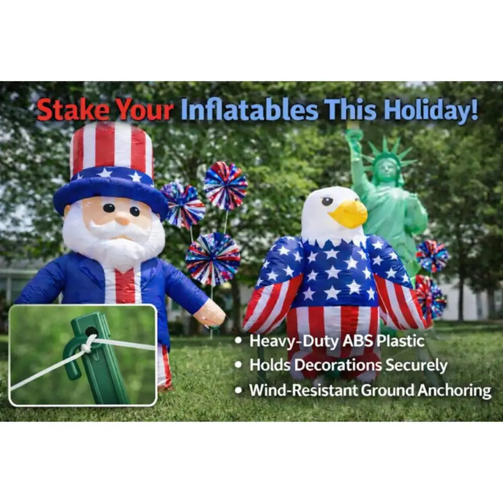 Inflatable uncle sam figure with red white and blue hat and coat next to anchorstake heavy duty ground stakes rust-free anchors