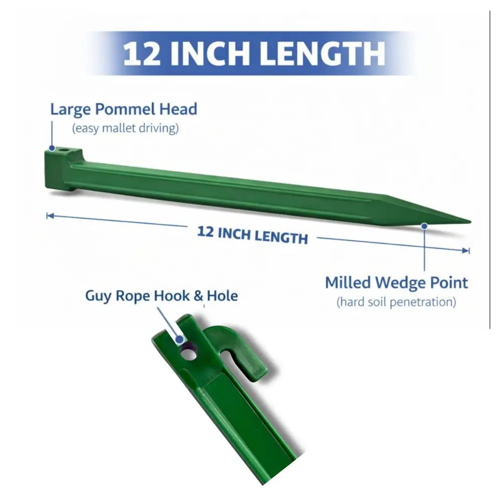 Green abs plastic heavy duty ground stake with pommel head milled wedge point and guy rope hook rust-free landscape anchor