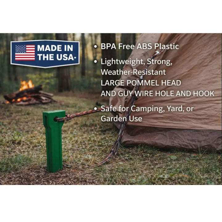 Green abs plastic tent stake with large pommel head and guy wire hole for heavy duty ground stakes and rust-free landscape anchors