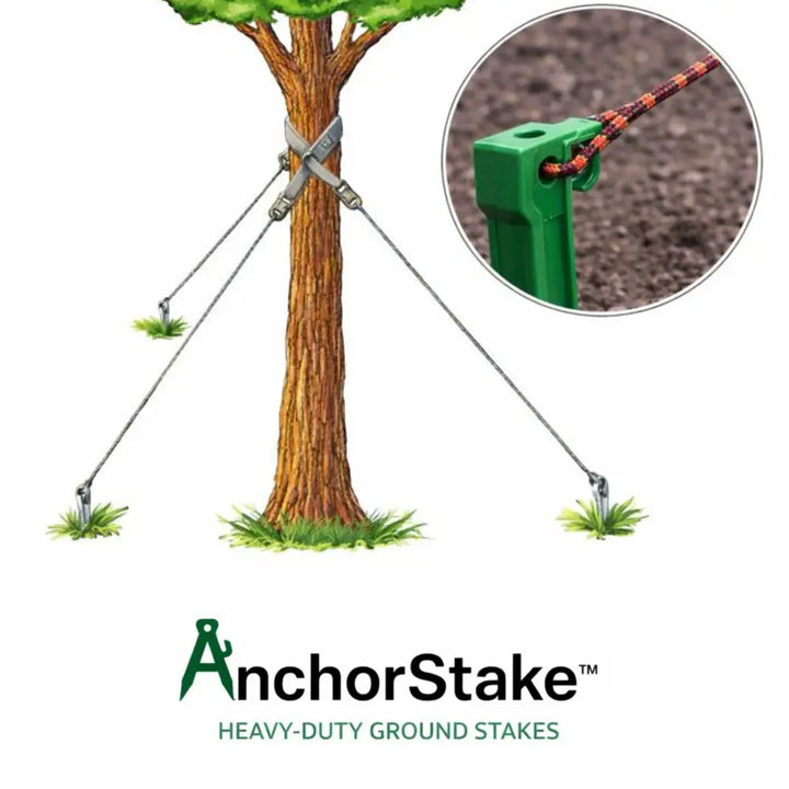 Green heavy duty ground stake with abs plastic body metal anchor and rope attachment rust-free landscape anchors