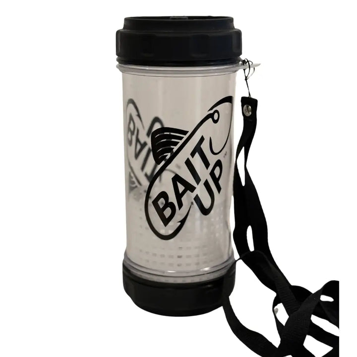 Clear plastic bait up premium live bait container with black dual-lid quick access floating basket