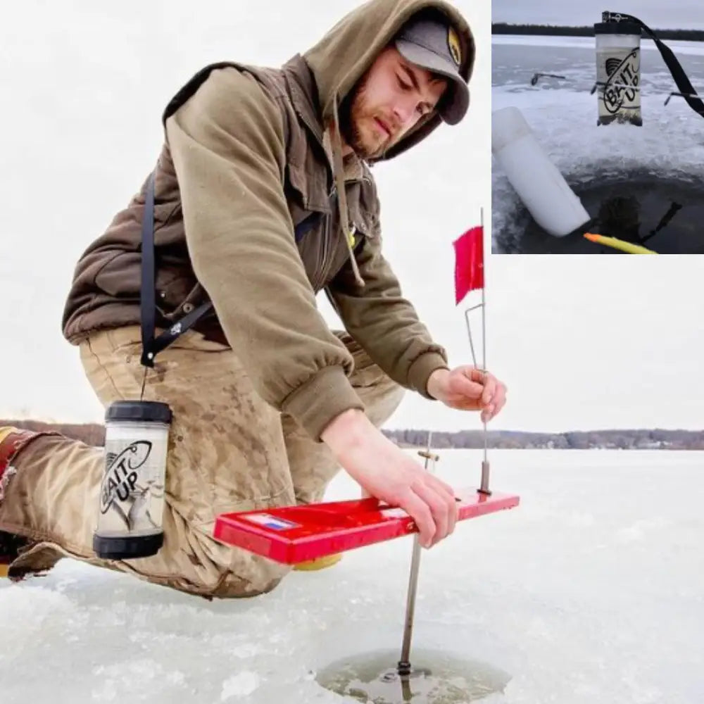 Red plastic bait up premium floating basket with dual-lid quick access cup attached to ice fishing platform gear