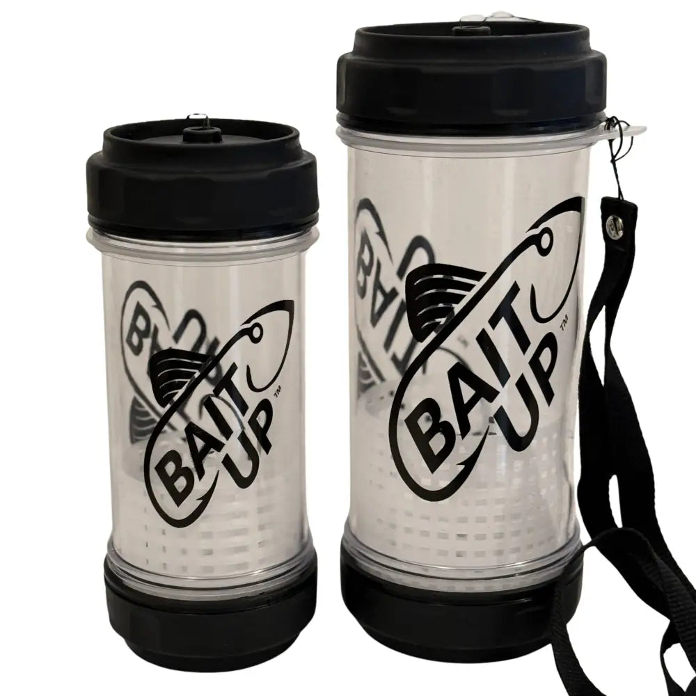 Two clear plastic bait up premium live bait containers with black dual-lid quick access tops and floating basket design