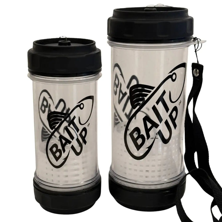 Two clear plastic bait up premium live bait containers with black dual-lid quick access tops and floating basket design