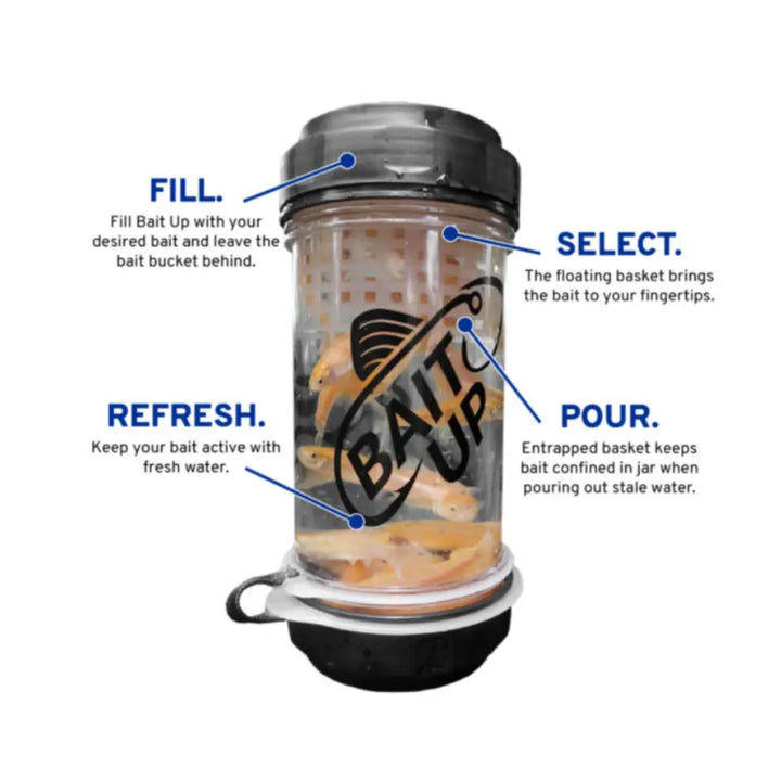 Clear plastic bait up premium live bait container with black dual-lid quick access and floating basket inside