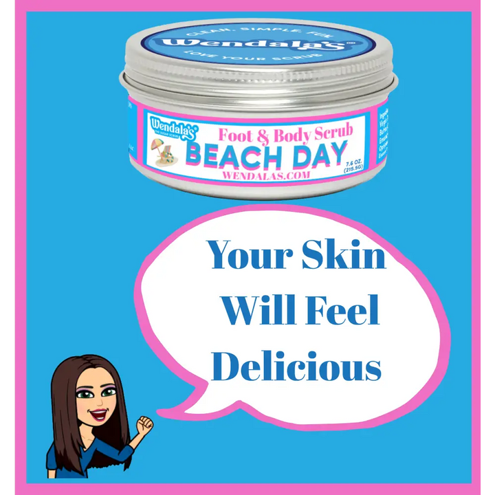Wendy’s beach day foot and body scrub in a silver tin with pink and blue labeling featuring unrefined shea butter and organic coconut butter