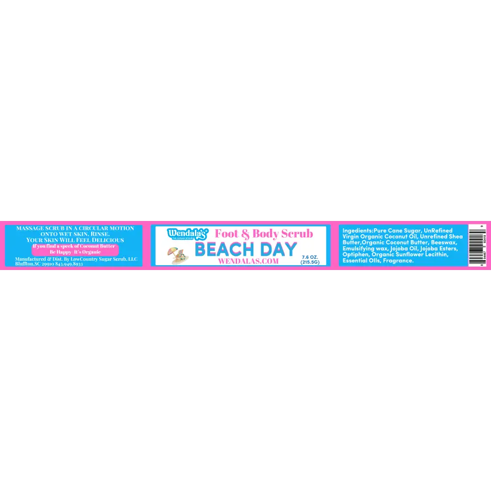 Wendy’s beach day foot and body scrub in pink and white packaging with organic coconut butter and unrefined shea butter