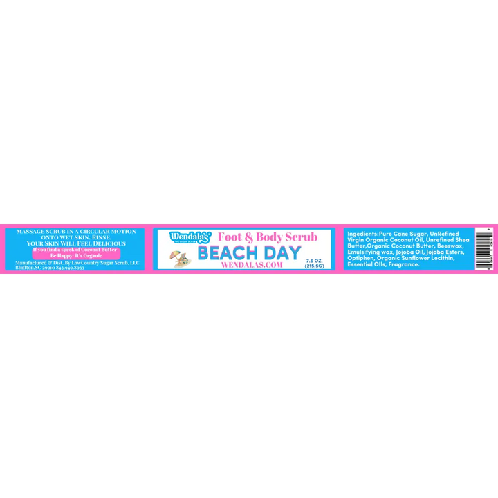 Wendy’s beach day foot and body scrub in pink and white packaging with organic coconut butter and unrefined shea butter