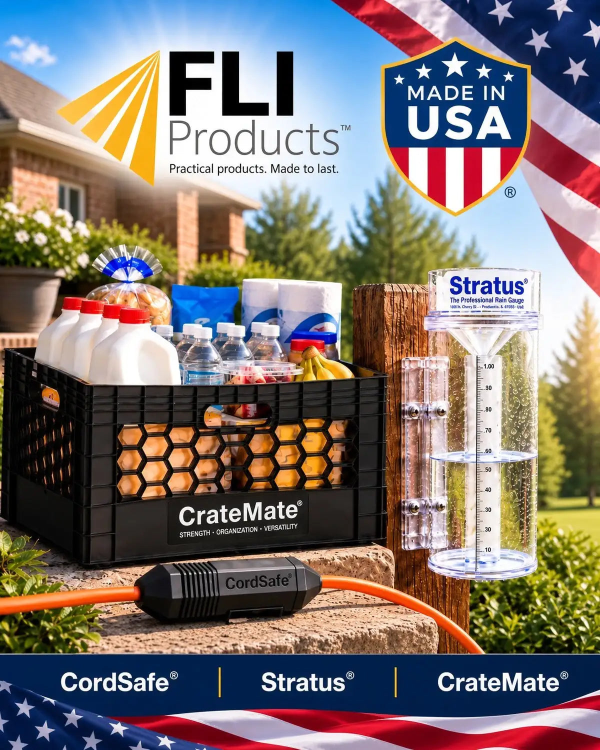 Black plastic cratemate crate with hexagonal mesh sides and a sturdy handle, filled with milk bottles and groceries.